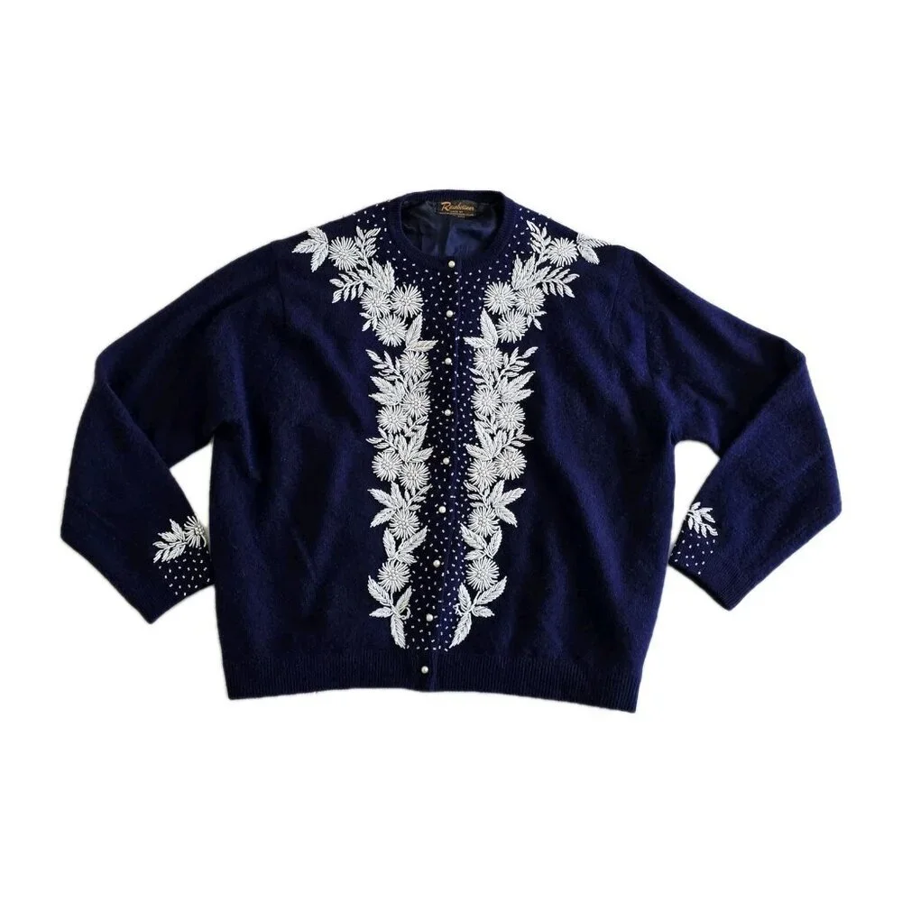 Vtg Embellished Beaded 1960s Cardigan Womens 44 L Blue Lined Floral Art To Wear - Picture 1 of 16